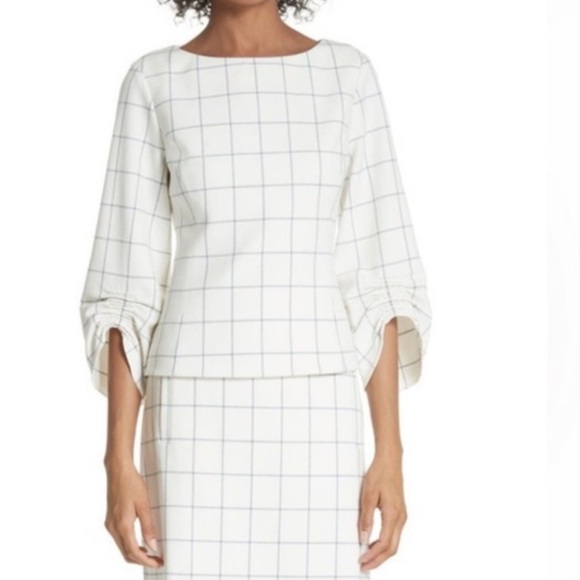 Tibi Ruched Sleeve blue Grid Pattern Blouse size 4 - Picture 3 of 7